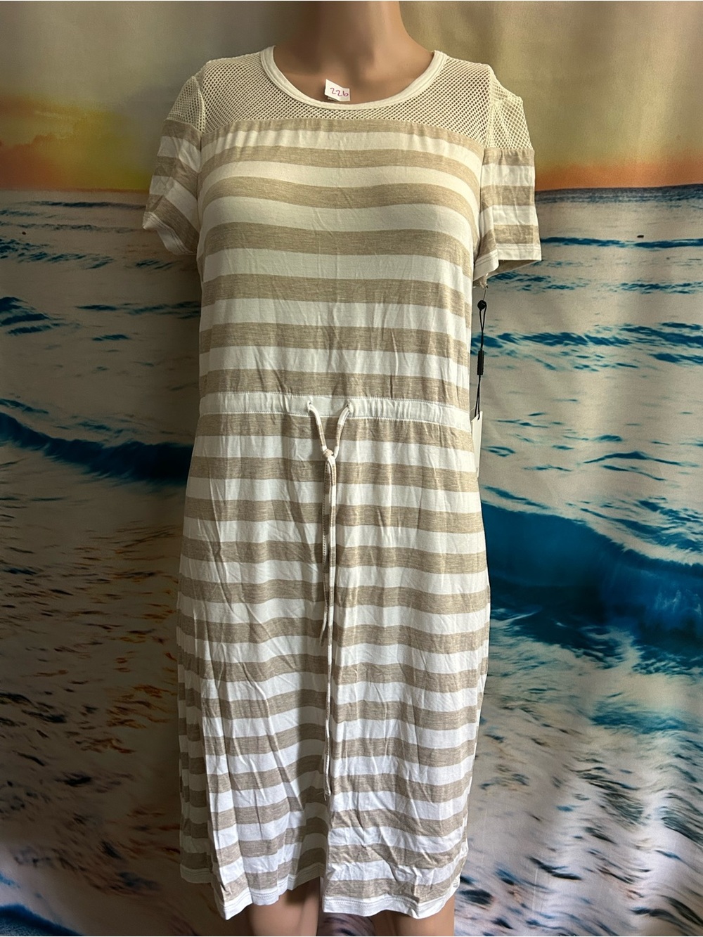 Calvin Klein Beige & White Striped Knit Dress with Mesh Yoke SZ 8 NWT